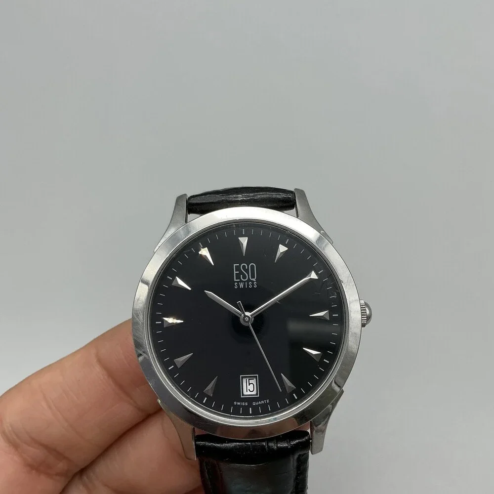 ESQ Movado Swiss E5203 Mens Watch 35mm Black Dial Leather Date New Battery